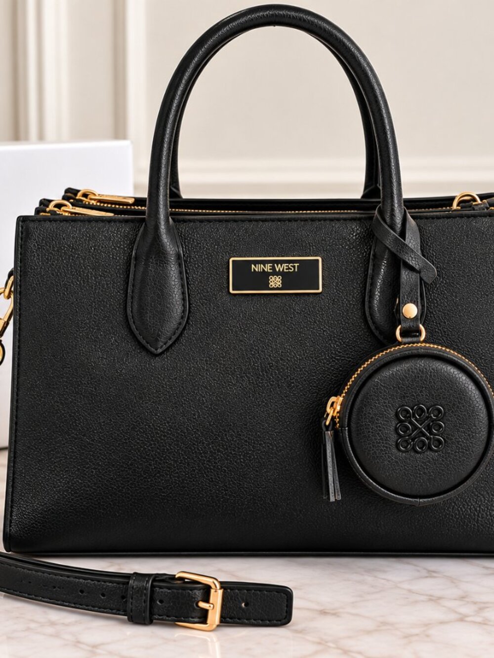 New Nine West Black Triple Compartment Satchel Bag w/Coin Pouch & Shoulder Strap - Picture 3 of 5